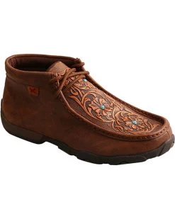 Twisted X Women's Brown Tooled Flowers Driving Moccasins - Moc Toe 