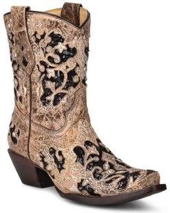 Corral Women's Brown Inlay Western Booties - Snip Toe