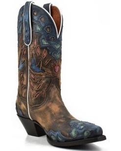 Dan Post Women's Humming Bird Heart And Floral Inlay Western Boots - Snip Toe