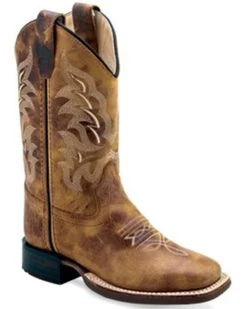 Old West Boys' Burnt Western Boots - Broad Square Toe